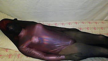 Latex Mask Sissy Femboy Crossdresser In Pink Bodysuit Play With Fetish Fullbody Nylon Stockings Suit free video